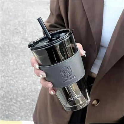 Glass Sipper Tumbler Mug with Leather Sleeve