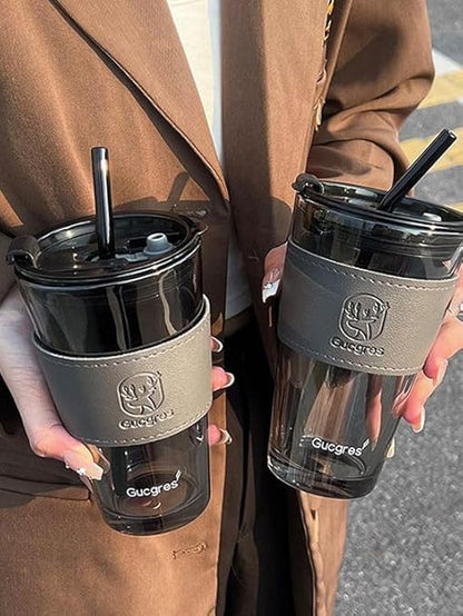 Glass Sipper Tumbler Mug with Leather Sleeve